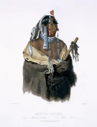 J.ハリマン、1843年に刻まれた「北アメリカの内部の旅」のボリューム1の24枚、マンダンパフ、若いマンダンインディアン、プレート24（アクアチント）